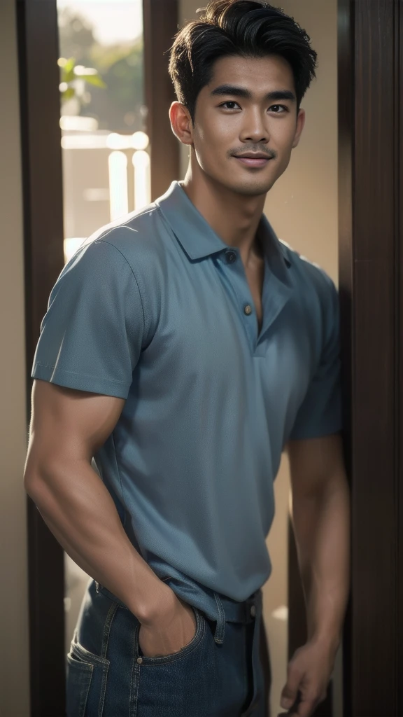Natural light, realistic, Thai man, ทรงผมสั้น buzz cut, Handsome, muscular, big muscles, Broad shoulders, model, Wearing a navy blue polo shirt and jeans, he stood and smiled. , outdoor outside