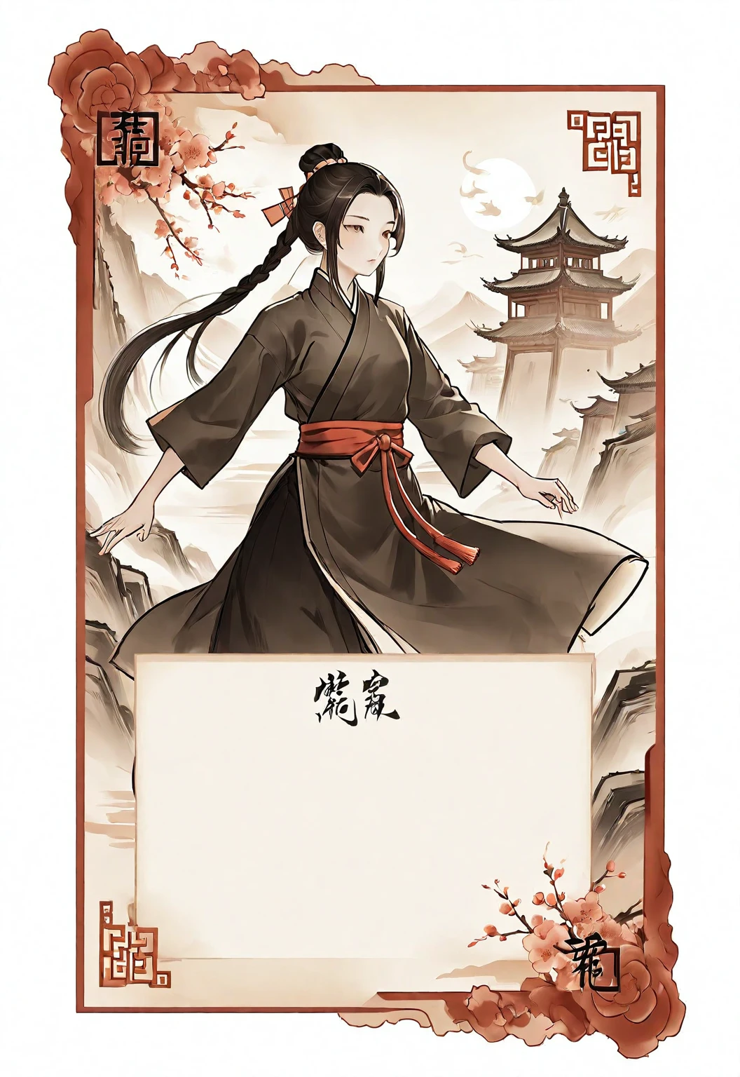 A card border UI,Chinese classical martial arts style,Ink painting style,Suspense style,Profile Style。There is a number "5" in the upper left corner of the card border.,Leave a square blank space in the middle,No characters,Parchment backing。