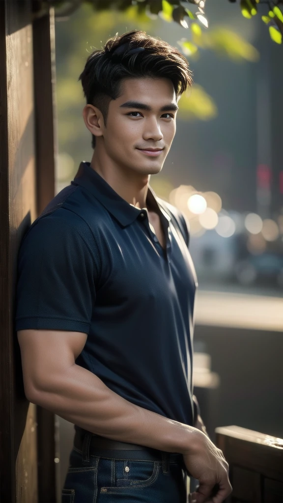 Natural light, realistic, Thai man, ทรงผมสั้น buzz cut, Handsome, muscular, big muscles, Broad shoulders, model,  Wearing a navy blue polo shirt and jeans, he stood and smiled. , outdoor outside