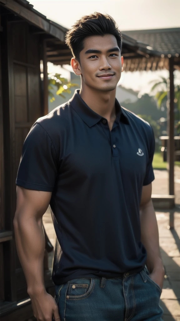 Natural light, realistic, Thai man, ทรงผมสั้น buzz cut, Handsome, muscular, big muscles, Broad shoulders, model,  Wearing a navy blue polo shirt and jeans, he stood and smiled. , outdoor outside