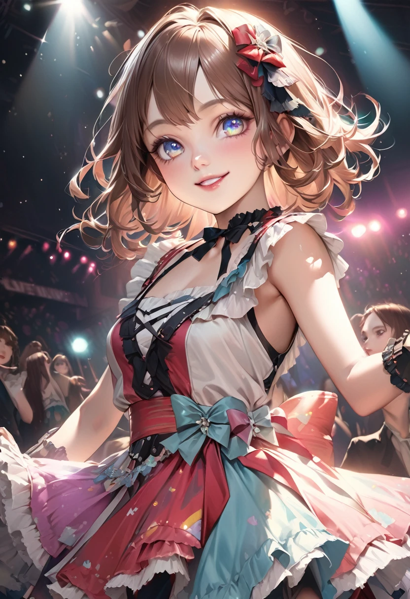 very cute and beautiful girl,(highly detailed beautiful face and eyes),(smile:1.2),happy,
black hair,hair accessory,looking at viewer,dancing,singing,beautiful legs,cowboy shot,
(plaid scarlet idol costume like AKB48), akiba idol,detailed frills,
live stage,concert hall,spot light,
(best quality,masterpiece),absurdres,highres,ultra-detailed,extremely detailed,32k,8k resolution,
intricate details,cinematic scene,detailed background,solo,dynamic angle,
