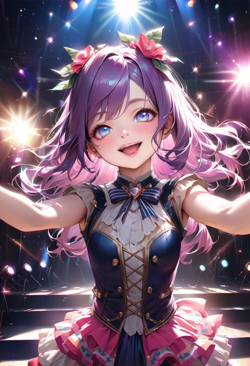 Idol、Cute face、Realistic、Bright Eyes、Cute Smile、Colorful costumes、Stage Lighting、Slim body