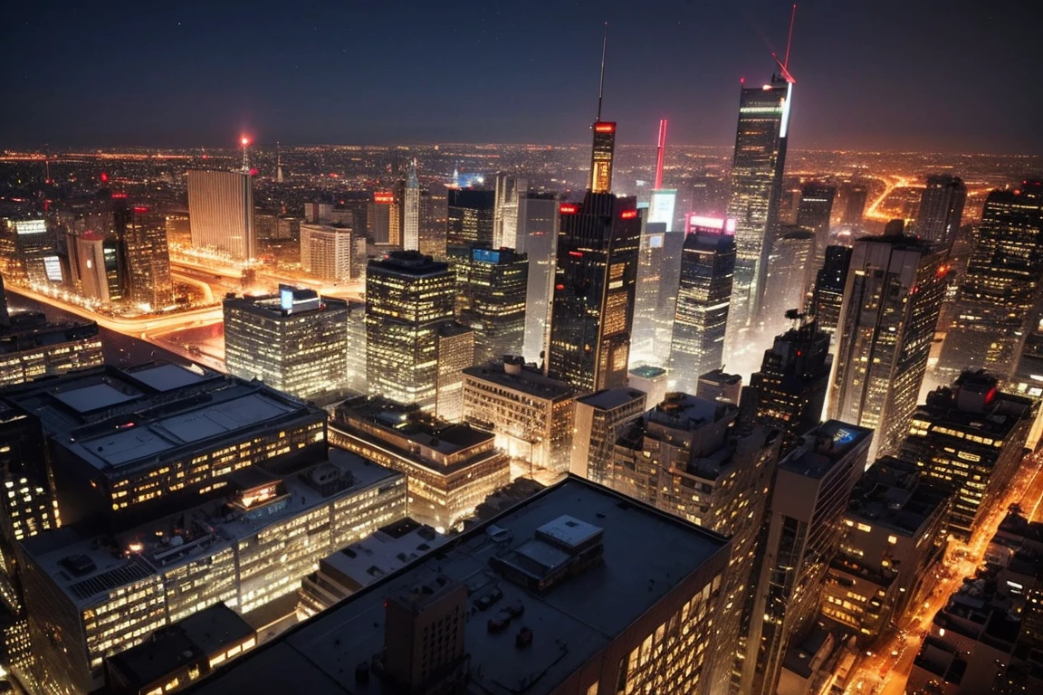 View from the airship cabin, Night view of skyscrapers, (Ultra-high resolution,8K),Fantasy, The world of picture books, (Highest quality), Super detailed, Outstanding Image, (Photorealistic)