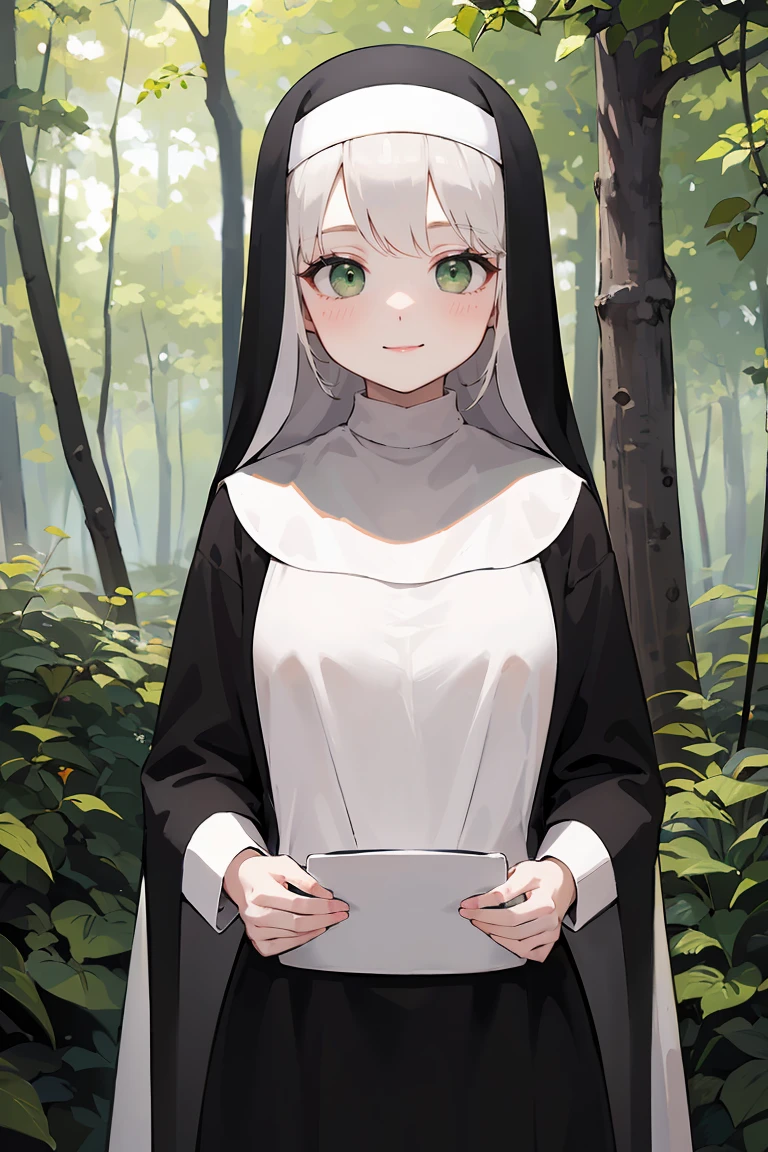 masterpiece, best quality, highly detailed background, perfect lighting, best quality, (extremely detailed face), volumetric lighting, intricate details, shadow, tonemapping, sharp focus, hyper detailed, trending on Artstation, (solo), ((Looking at the viewer)), (White hair), ((thin)), ((green eyes)), ((nun)), ((dressed as a nun)), ((nun's long skirt)), ((delicate)), ((thin and fine figure)), ((elegant)), ((smile)), (blush) ((in the forest)) ((dressed all in black)) ((dinamic pose))