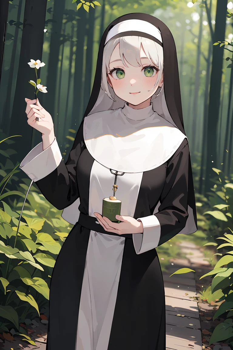 masterpiece, best quality, highly detailed background, perfect lighting, best quality, (extremely detailed face), volumetric lighting, intricate details, shadow, tonemapping, sharp focus, hyper detailed, trending on Artstation, (solo), ((Looking at the viewer)), (White hair), ((thin)), ((green eyes)), ((nun)), ((dressed as a nun)), ((nun's long skirt)), ((delicate)), ((thin and fine figure)), ((elegant)), ((smile)), (blush) ((in the forest)) ((dressed all in black)) ((dinamic pose))