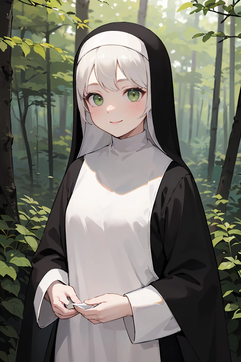 masterpiece, best quality, highly detailed background, perfect lighting, best quality, (extremely detailed face), volumetric lighting, intricate details, shadow, tonemapping, sharp focus, hyper detailed, trending on Artstation, (solo), ((Looking at the viewer)), (White hair), ((thin)), ((green eyes)), ((nun)), ((dressed as a nun)), ((nun's long skirt)), ((delicate)), ((thin and fine figure)), ((elegant)), ((smile)), (blush) ((in the forest)) ((dressed all in black)) ((dinamic pose))