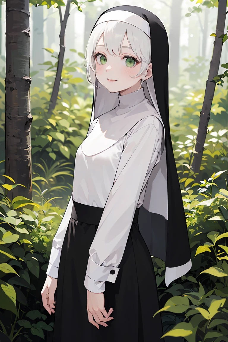 masterpiece, best quality, highly detailed background, perfect lighting, best quality, (extremely detailed face), volumetric lighting, intricate details, shadow, tonemapping, sharp focus, hyper detailed, trending on Artstation, (solo), ((Looking at the viewer)), (White hair), ((thin)), ((green eyes)), ((nun)), ((dressed as a nun)), ((nun's long skirt)), ((delicate)), ((thin and fine figure)), ((elegant)), ((smile)), (blush) ((in the forest)) ((dressed all in black)) ((dinamic pose))