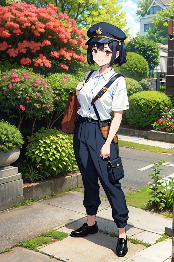 masterpiece, 32k, extremely detailed, finely detail, intricate details, 
BREAK
(absurdres:1.1, highres:1.1, ultra detailed:1.1),
insanely detailed, absurdres, 
(high resolution:1.1, ray tracing:1.1, refraction:1.1)
(1 female, 独奏:1.3),  smile, 
BREAK
perfect symmetrical face,  postal delivery person, verry large shoulder bag, uniform of a postal delivery person, pants, postman's cap, 黒髪
BREAK
(((full body))), standing, 
BREAK