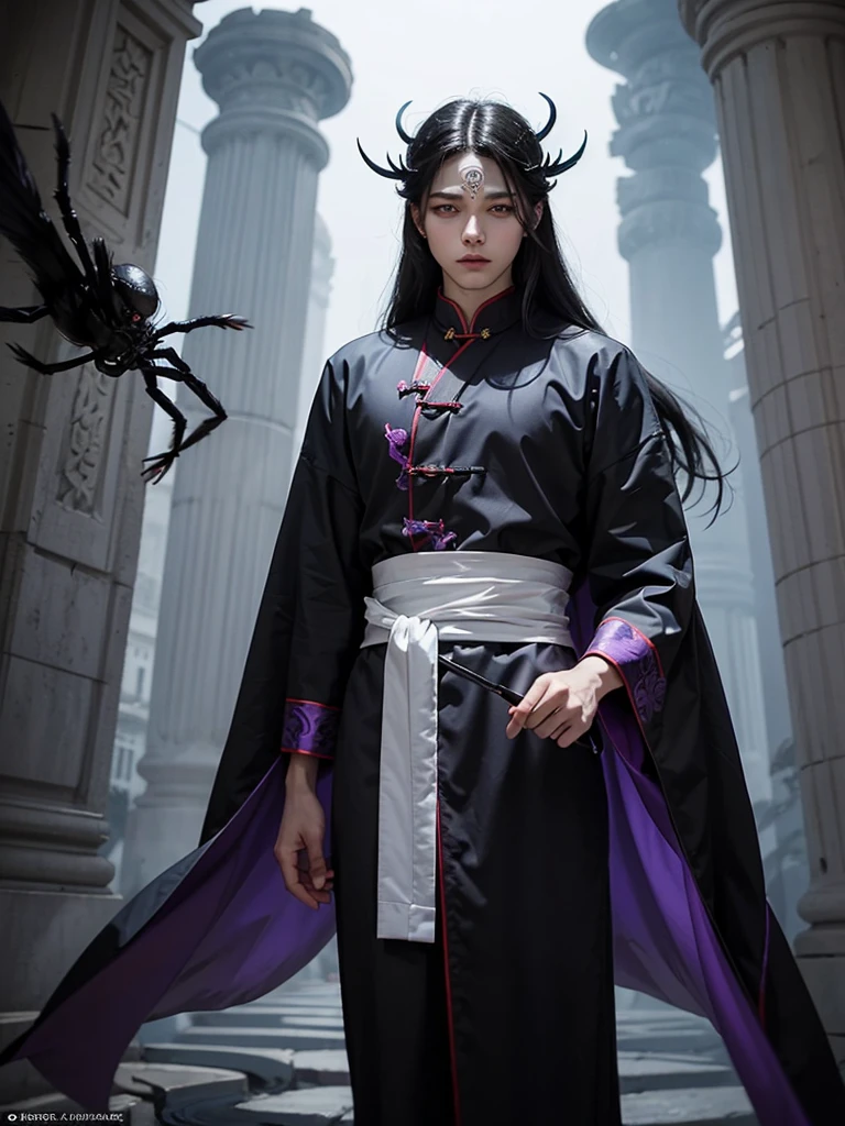 Young man in purple and black traditional Chinese clothing She wore a white half mask, raven black hair, and beautiful purple eyes like a goddess. Standing and floating at a 45 degree angle, the posture is as elegant as a god. His shadow hit the ground in the shape of a giant spider. Reflects power and mystery. More
 * His face was concealed by a white half mask. Add mystery and interest
 * His violet eyes were sparkling. Full of power and charm
 * His floating posture Represents supernatural power
 * giant spider shadow It is a symbol of power and mystery. Overall, this image portrays a young man who is powerful, mysterious, mysterious, and full of charm.