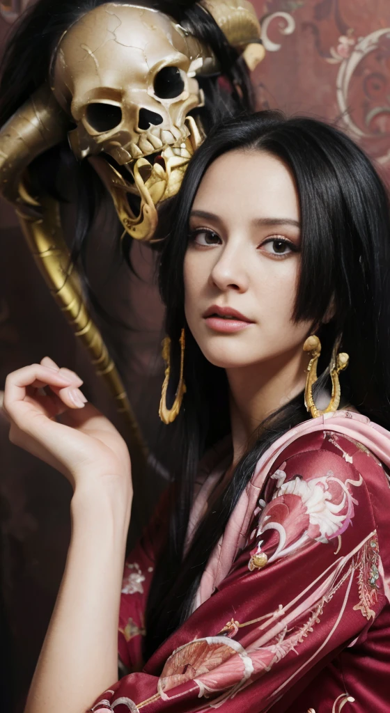 (((masterpiece+highest quality+High resolution+Very detailed))), Boa Hancock, long, silky black hair, High nose, Sharp eyes, A noble and inviolable character, (([woman]: 1.2 + [beauty]: 1.2 + Long black hair: 1.2)), skull_snake background, Bright Eyes, Dynamic angles and postures, wallpaper.