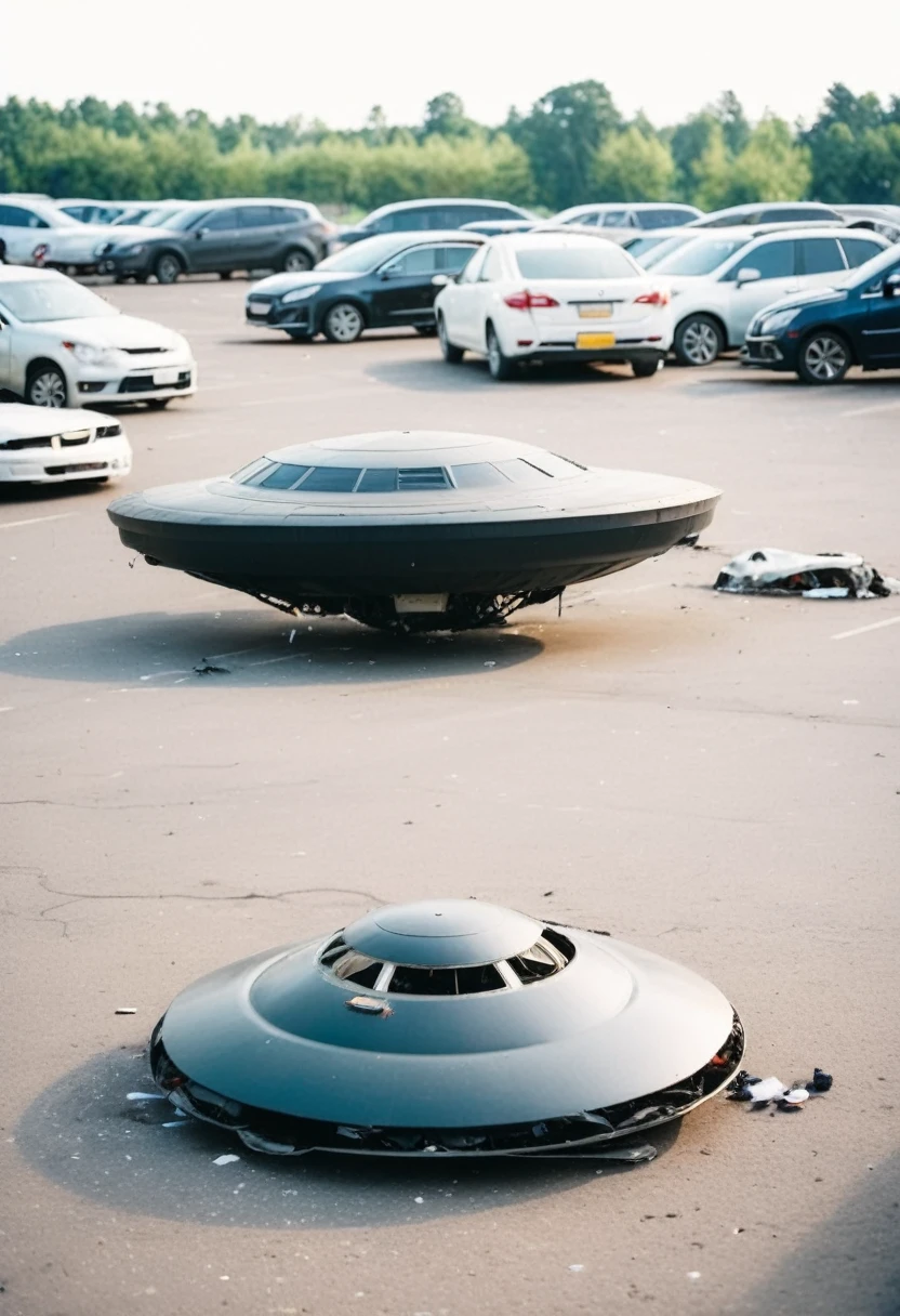 Black UFO crashed on the ground in the parking lot,Neatly arranged with many cars,Blurry Polaroid photo