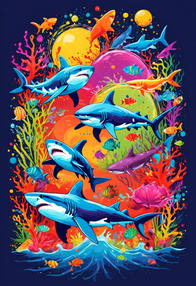 A t-shirt with circular vector art of paint stains and splatters with a colorful illustration of sharks, Crabs, Pisces, oysters under the sea, At the center, swirly vibrant colors, paint splashes and smears, high détail, t-shirt designs
(work of art, best qualityer, proffesional, perfect composition, very aesthetic, absurdrez, super verbose, details Intricate:1.3)