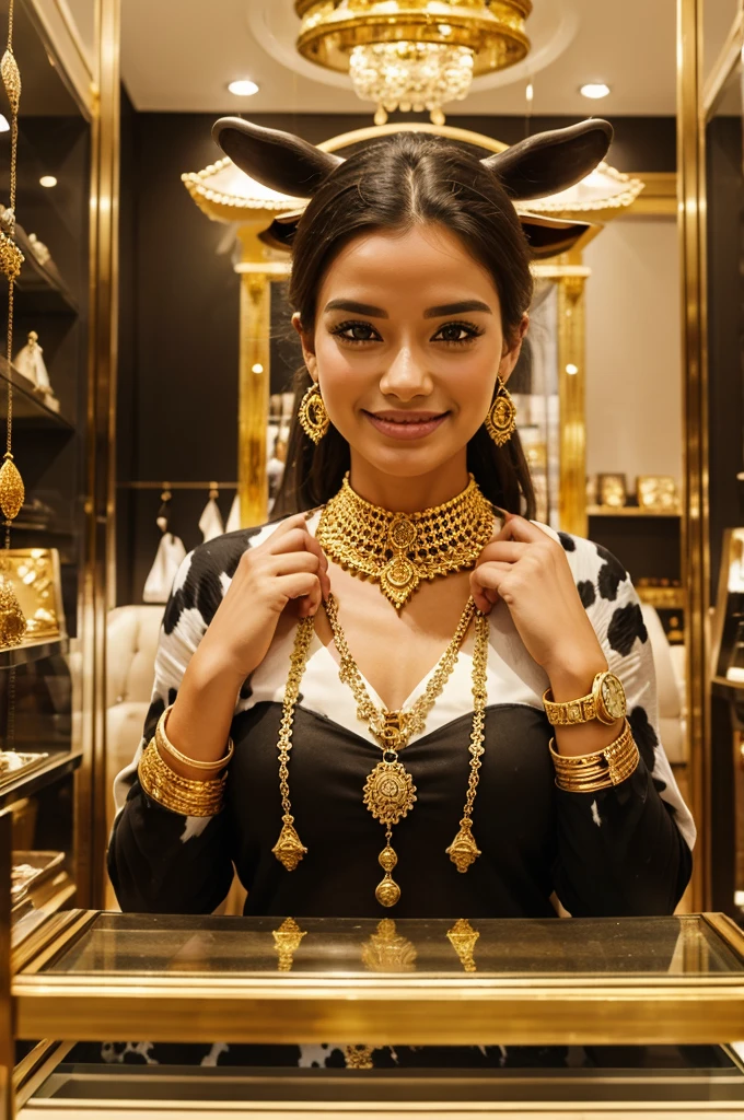 A cow is happy and it's in a jewelry shop in which there is a lot of gold