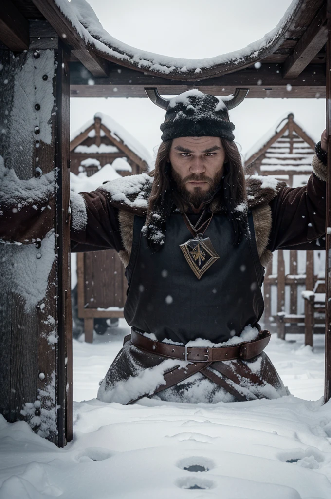 Vikings engaged in a fierce battle on a snowy battlefield, shields raised. hyper realistic