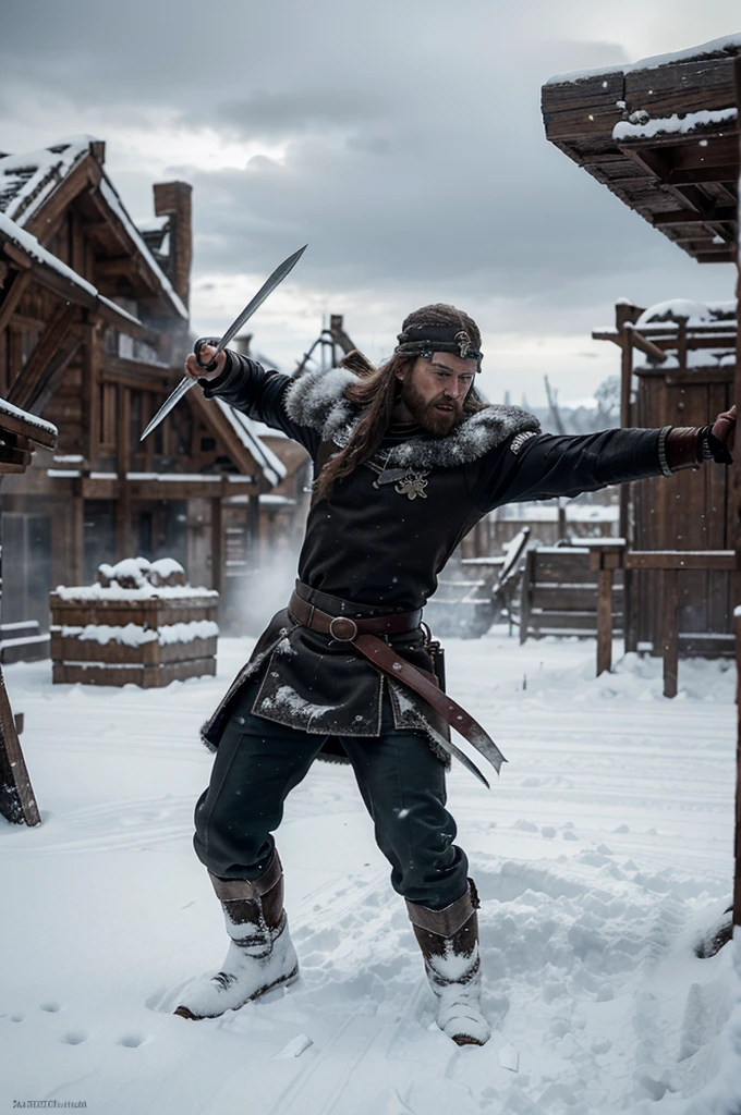 Vikings engaged in a fierce battle on a snowy battlefield, shields raised. hyper realistic