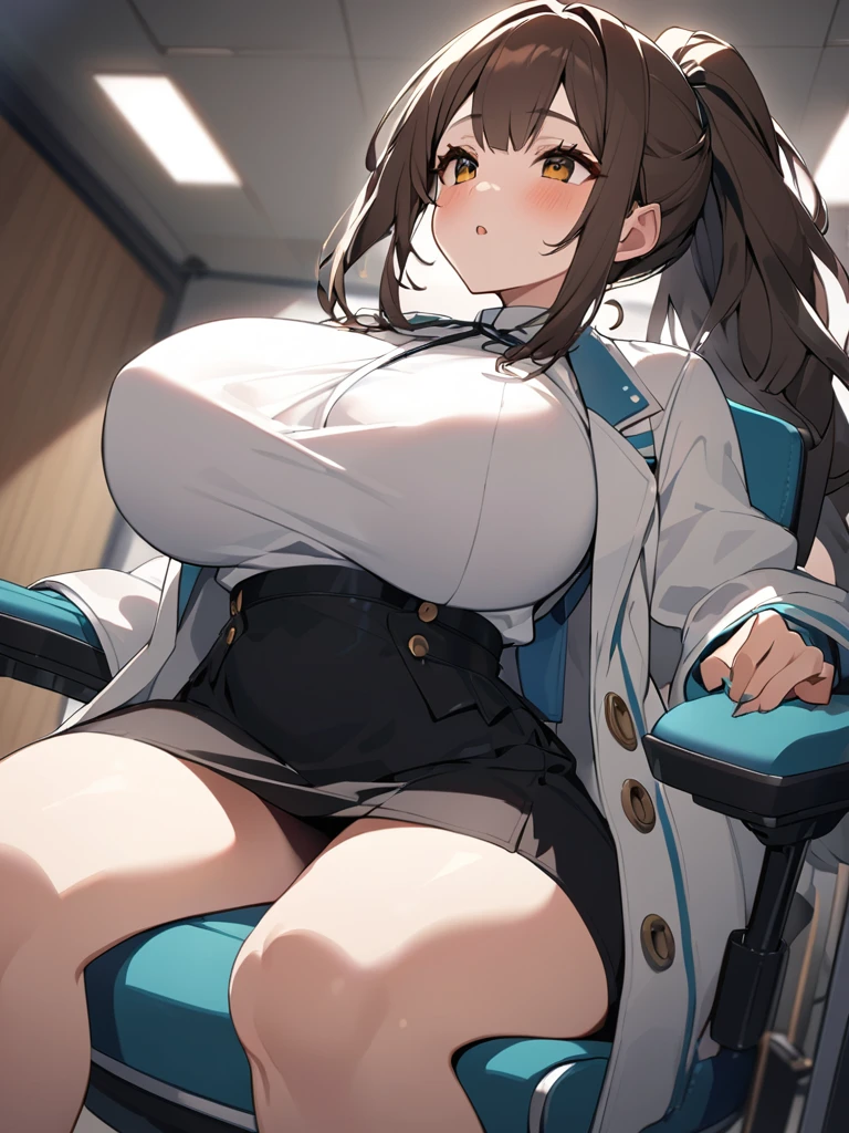 Highest quality、extremely detailed CG、One woman、27-year-old female、Huge breasts:1.3、sagging breast:1.3、White、white coat、white gown、Black inner shirt、Black inner shirtと白いコートを着てカメラに向かってポーズをとるアニメの女の子, breasts covered and SFW, chic,Whiteを着て, Cel-shaded adult animation、Brown Hair、ponytail、Health Room、学校のHealth Room、health room、sitting in a swivel chair、Lean forward and look up from below