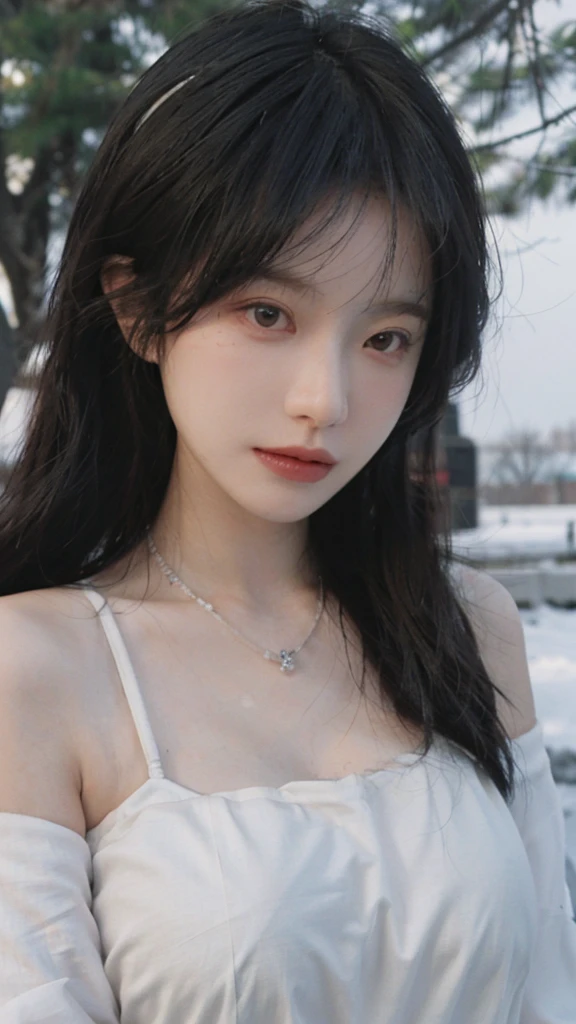 Portrait photography,1 girl,Snow Scene,Snowing background,Flowers,White,JK,Bare shoulders,whole body:1.4,Lipstick,(Big Breasts:1.6),Shoulder-Length Wavy Hair,Wear a necklace,Headband,serene,calm,(Realistic and detailed eyes,Natural skin texture,Realistic facial details),