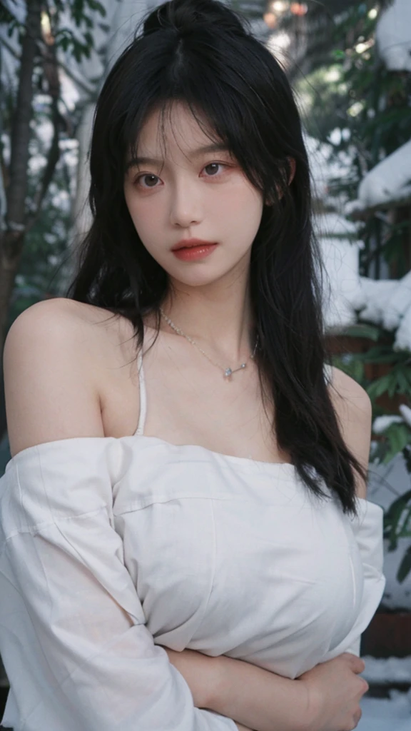 Portrait photography,1 girl,Snow Scene,Snowing background,Flowers,White,JK,Bare shoulders,whole body:1.4,Lipstick,(Big Breasts:1.6),Shoulder-Length Wavy Hair,Wear a necklace,Headband,serene,calm,(Realistic and detailed eyes,Natural skin texture,Realistic facial details),