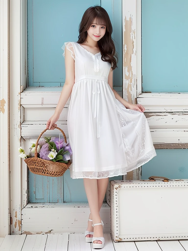Photo-realistic quality、 White Dressを着た20歳の日本人アイドル, White lace clothing, romantic dress, White Summer Dress, pretty White Dress, White lace, White lace dress, wearing a cute White Dress, elegant White Dress, ancient White Dress, White Dress, wearing along White Dress, Nice and cute, White sundress、looking at the camera、Detailed and beautiful eyes、Cute smile、Relaxed and soft expression