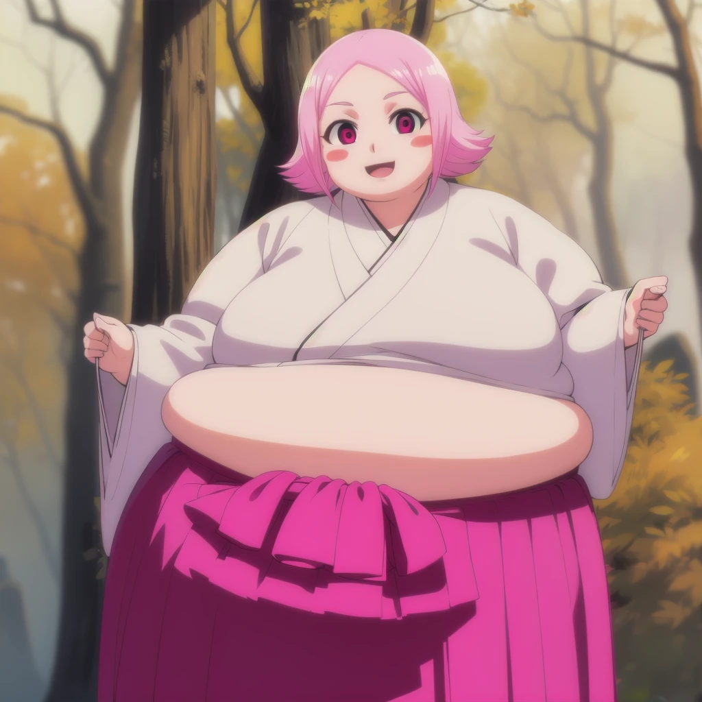 yachirukusajishi, yachiru kusajishi, short hair, pink hair, (pink eyes:1.5), blush stickers, open mouth, forehead,
BREAK long sleeves, japanese clothes, hakama, black hakama,
BREAK outdoors,
BREAK looking at viewer, (cowboy shot:1.5),
BREAK (masterpiece:1.2), best quality, high resolution, unity 8k wallpaper, (illustration:0.8), (beautiful detailed eyes:1.6), extremely detailed face, perfect lighting, extremely detailed CG, (perfect hands, perfect anatomy), standing, smile, blush, solo, 1girl, SSBBW yachiru kusajishi, big cheeks, ssbbw, severely obese ,600lbs obese female, no pupils, ultra detailed, masterpiece, best quality, aesthetic, detailed, Fluffy and Fat Face, Big Butt, Big Cheeks, Obese Body, Sexy, Obese Girl, oddeye, Happy, Cute Expression, Very Hot, nsfw