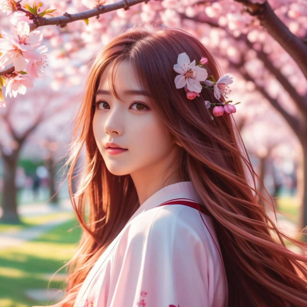 A stunning anime-style illustration,Depicts a long-haired beauty, Long flowing hair and charming eyes, In the vibrant, A park with cherry blossoms. Very detailed, 8k resolution, With soft, Soft colors and dreamy, Ethereal atmosphere. The lighting and shallow depth of field create a mesmerizing, Romantic.