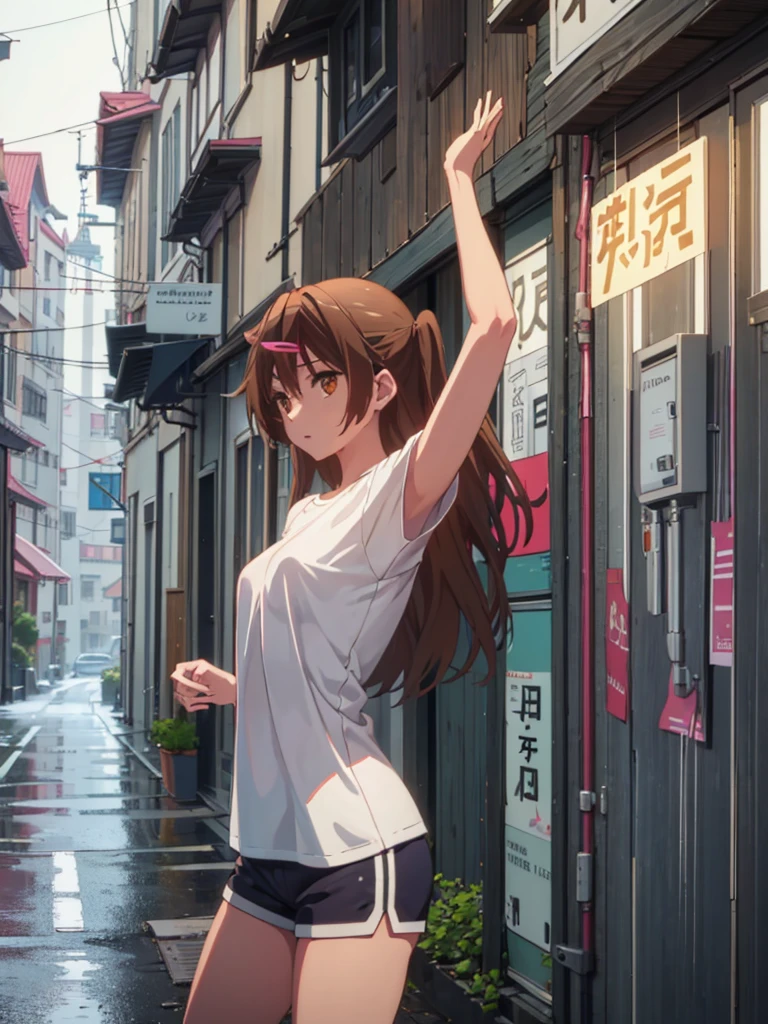 Girl, short tight shorts,t-shirt, Bare breasts, chest visible, street background, Narrow passage between houses, night, rain, slim body, In full growth, Sneakers , small breast