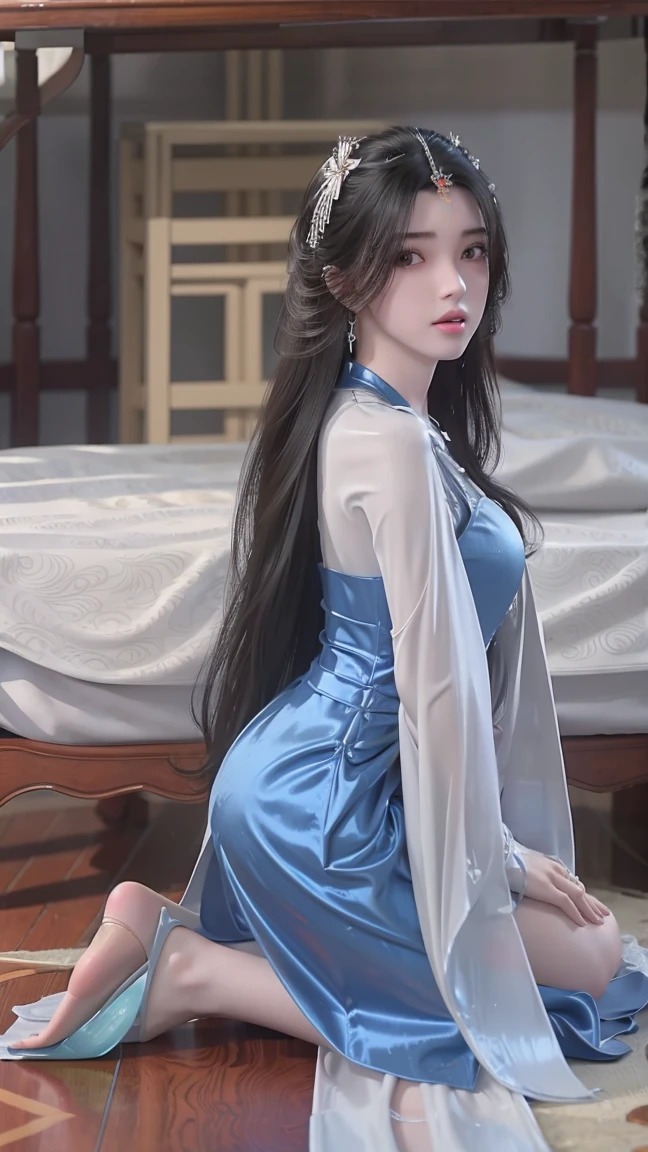 A beautiful young woman，Long hair，Wearing pajamas，Sitting on the bed，barefoot，Wearing a dress，full-body shot，Kneeling on the ground，Get down on your knees，stand corrected，Fearful expression，tearing up