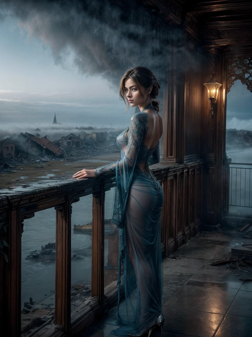 8k, full-body shot taken from the side of beautifull cortana, (red, intricate, sheer, transparent, translucent, skintight cloth), intricate, beautifull face, her skin should be pale and flawless, With a touch of transcendental beauty, she Should express Calm Confidence, (she is standing on the bridge of an old town, (Just a hint of fog covering the destroyed town)), highly detailed, digital hyperrealistic photography, hyperrealistic photography filigree, shyness, most beautyfull face, masterpiece, sidelighting, (finely detailed beautifull blue eyes: 1.2)
