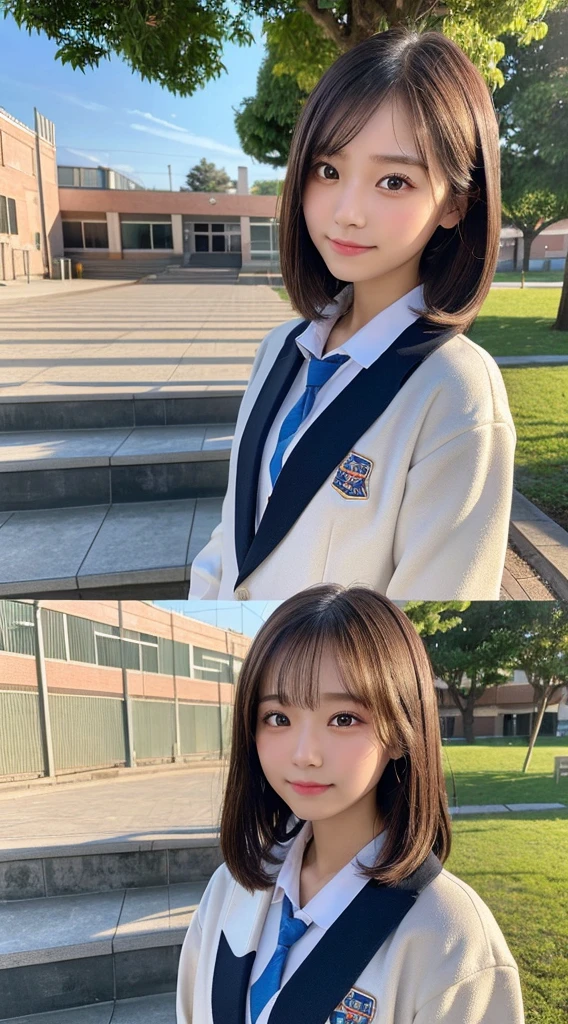 (Highest quality,8K quality,masterpiece:1.3),(Ultra-high resolution,realism:1.4,Original photo),(Very detailed,Caustics,Detailed Background),(Ultra-Realistic Capture,Beautiful and detailed skin,Perfect Anatomy),At sunset,Sunset sky,School building,School Playground,18-year-old,cute,double eyelid,Brunette Short Bob,School Blazer,Natural soft light、outdoor stairs,from below and from bihind