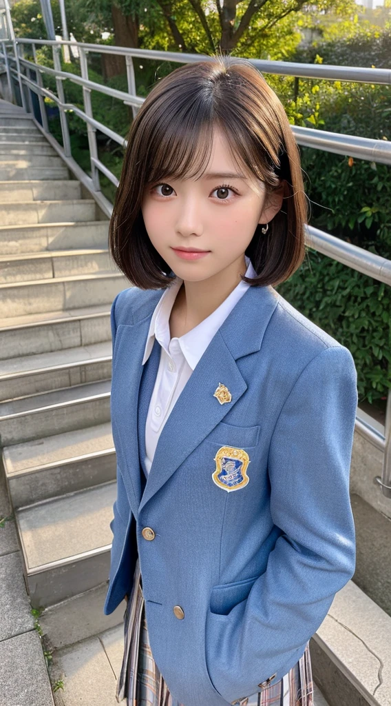 (Highest quality,8K quality,masterpiece:1.3),(Ultra-high resolution,realism:1.4,Original photo),(Very detailed,Caustics,Detailed Background),(Ultra-Realistic Capture,Beautiful and detailed skin,Perfect Anatomy),At sunset,Sunset sky,School building,School Playground,18-year-old,cute,double eyelid,Brunette Short Bob,School Blazer,Natural soft light、outdoor stairs,from below and from bihind