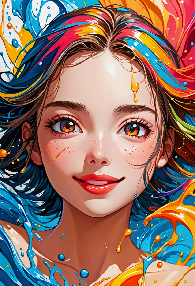 a scratch oil painting of beautiful girl with perfect face, (scratch:0.6) smile, vivid color, splashing painting style, perfect mix color, super detailed, best quality wallpaper, 8k, absurdity, expressive realism, perfect lightness