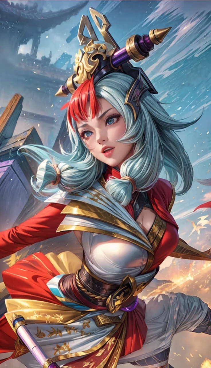 realisitic, 1girl, high quality fingers, normal hands, detailed fingers, Masterpiece artwork, (realisitic, foto-realisitic: 1.37), realisitic, 1girl, long hair:1.5, Bblack hair:1.2, Eyes red:1.5, glare eyes, mortal kombat, Erotic ninja, bloodstains, cicatriz, canons, kimono, ful dressed, mortal kombat continues, breasts big, large breasts, struggling pose, serene gaze, temple, meditation, injuries, cover half the face, (sweat: 1), view from below