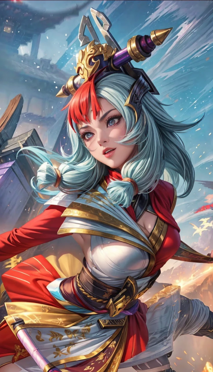 realisitic, 1girl, high quality fingers, normal hands, detailed fingers, Masterpiece artwork, (realisitic, foto-realisitic: 1.37), realisitic, 1girl, long hair:1.5, Bblack hair:1.2, Eyes red:1.5, glare eyes, mortal kombat, Erotic ninja, bloodstains, cicatriz, canons, kimono, ful dressed, mortal kombat continues, breasts big, large breasts, struggling pose, serene gaze, temple, meditation, injuries, cover half the face, (sweat: 1), view from below