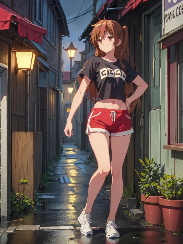 Girl, short tight shorts,t-shirt, Bare breasts, chest visible, street  background, Narrow passage between houses, night, rain, slim body, In full growth, Sneakers , small breast