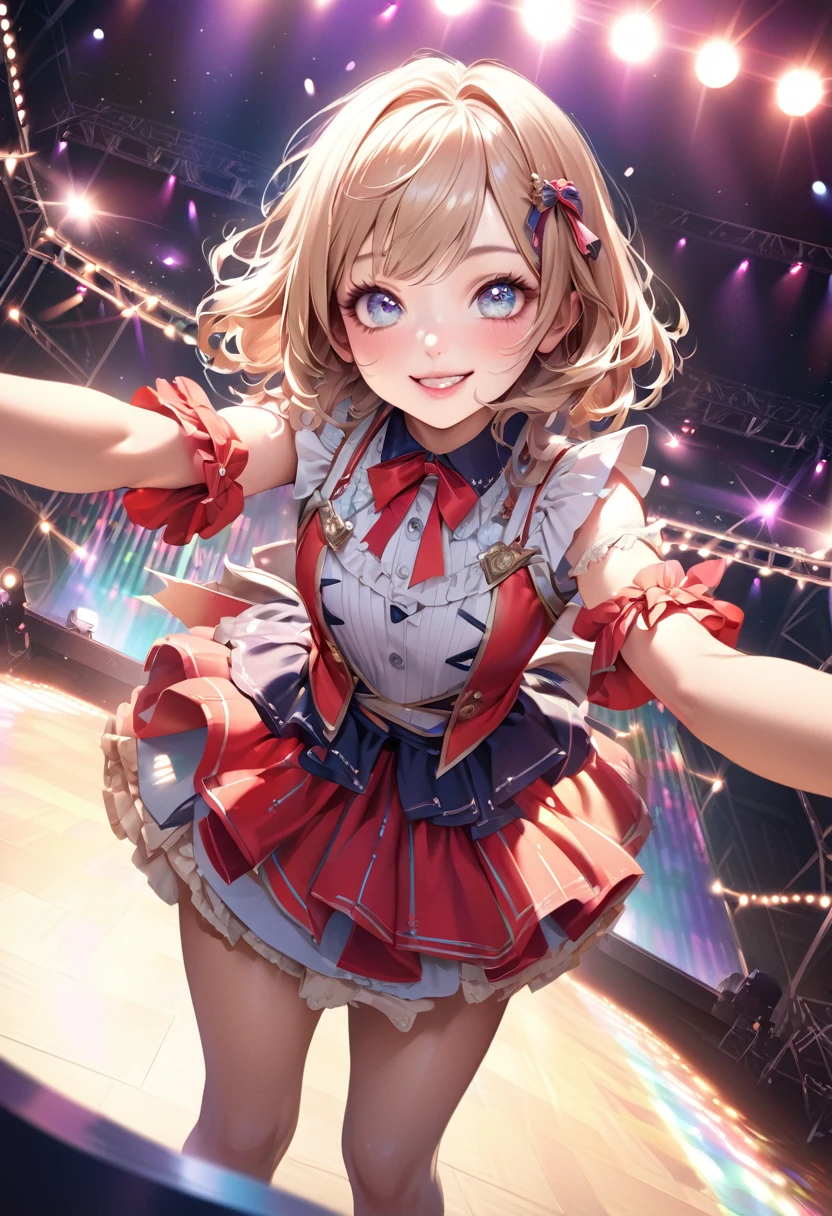 Idol、Cute face、Realistic、Bright Eyes、Cute Smile、Colorful costumes、Stage Lighting、Slim body