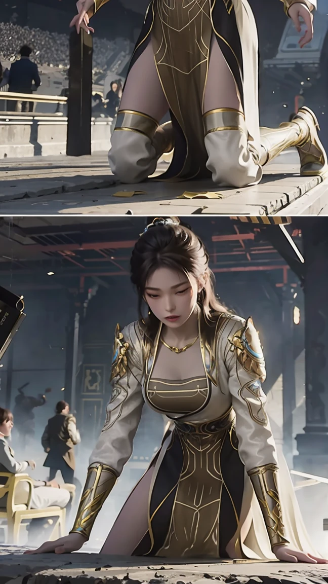 best quality,masterpiece,Final Solution,Fluffy,Colorful,Mature beautiful woman,Get down on your knees,Hands on the ground,stand corrected,Fearful expression
