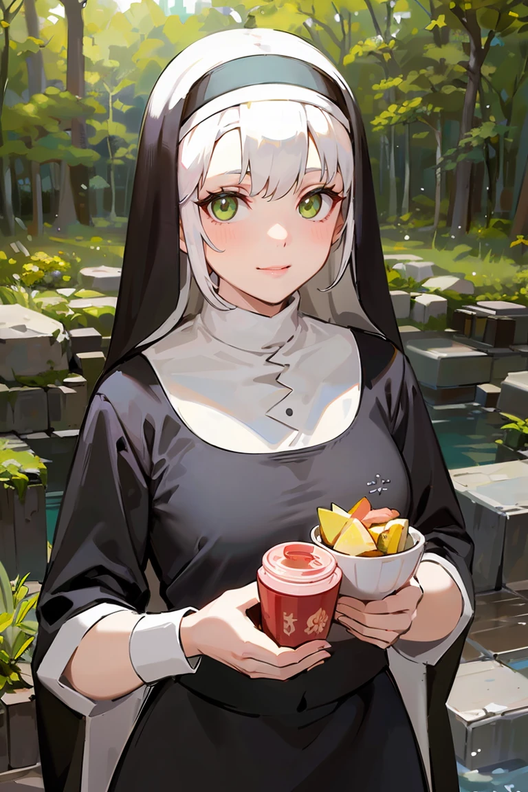 masterpiece, best quality, highly detailed background, perfect lighting, best quality, (extremely detailed face), volumetric lighting, intricate details, shadow, tonemapping, sharp focus, hyper detailed, trending on Artstation, (solo), ((Looking at the viewer)), (White hair), ((thin)), ((green eyes)), ((nun)), ((dressed as a nun)), ((nun's long skirt)), ((delicate)), ((thin and fine figure)), ((elegant)), ((smile)), (blush) ((in the forest)) ((dressed all in black)) ((dinamic pose))
