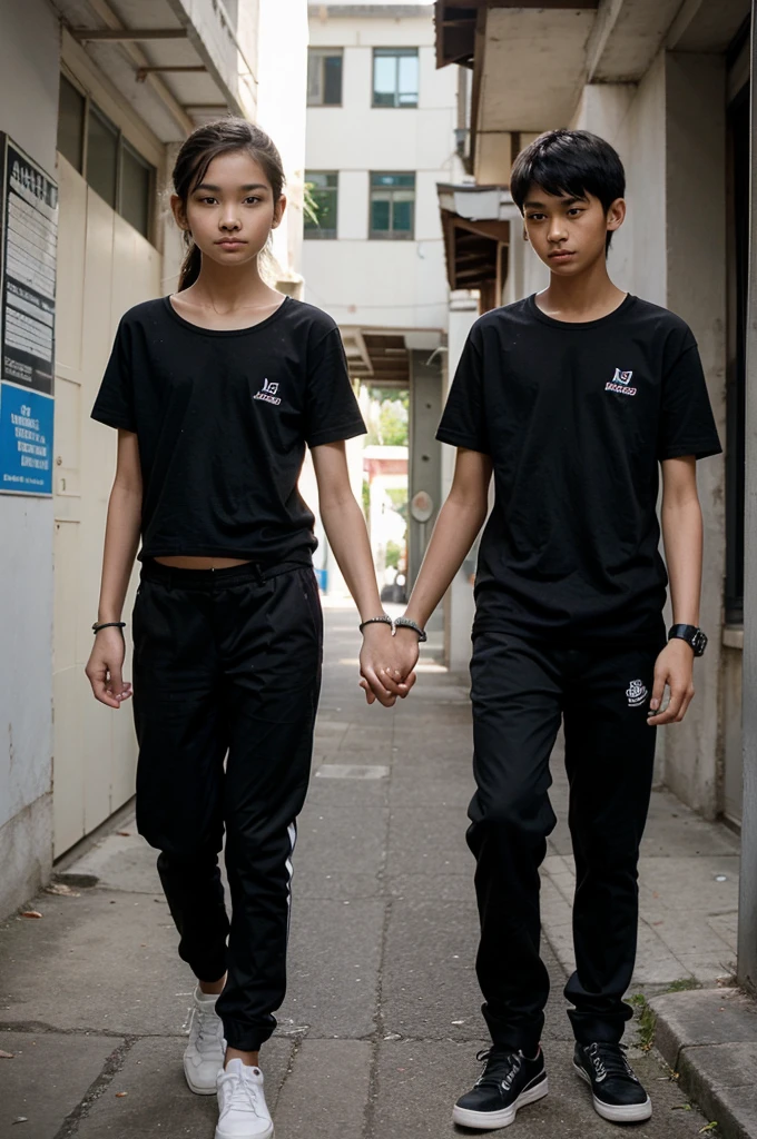 a couple of very thin heterosexual Thai teenage boyfriends, 12 year old lovers, a very thin 12 year old straight Thai teenage boy holding hands with a very thin 12 year old heterosexual Thai teenage girl, both of the same height, with very thin bodies and slender. The loving couple, the boy and the girl walk hand in hand. They wear a black t-shirt and black pants. And black bracelet on the arms.
