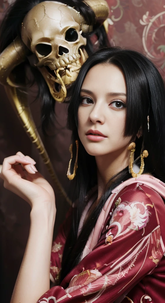 (((masterpiece+highest quality+High resolution+Very detailed))), Boa Hancock, long, silky black hair, High nose, Sharp eyes, A noble and inviolable character, (([woman]: 1.2 + [beauty]: 1.2 + Long black hair: 1.2)), skull_snake background, Bright Eyes, Dynamic angles and postures, wallpaper.