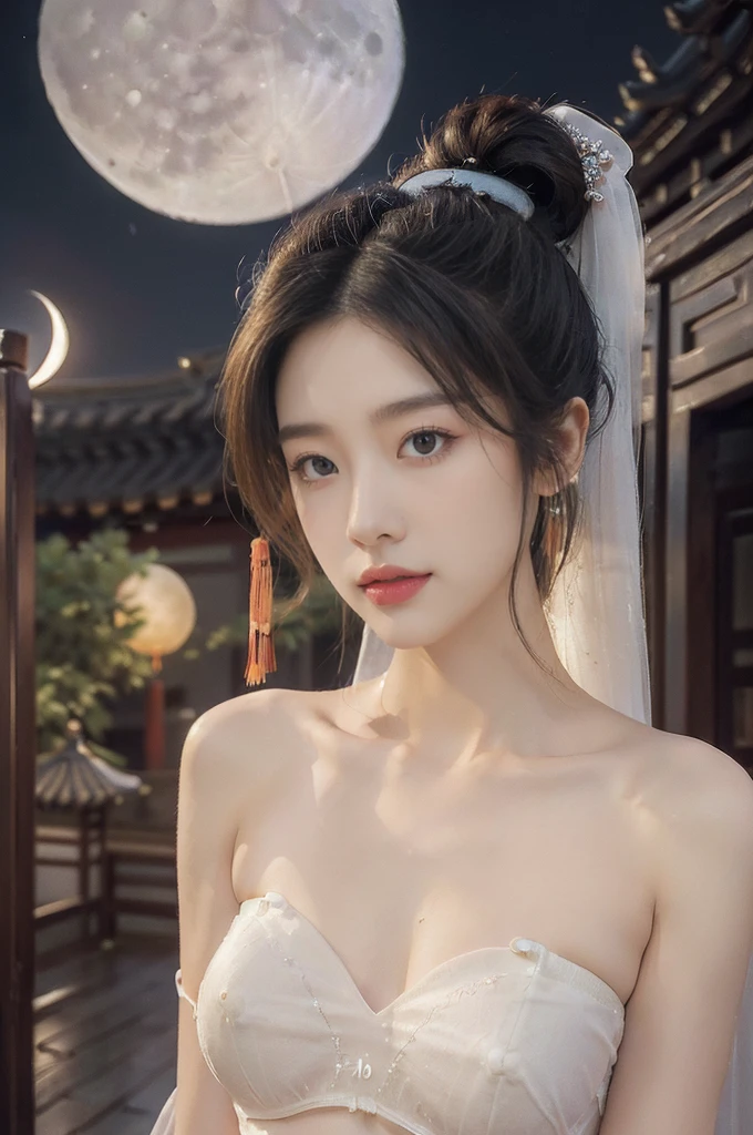 (((best quality))),(((ultra detailed))),(((masterpiece))),illustration,((1 beautiful girl,solo)),(short ponytail:1.2),((bright eyes,gentle smile)),((slim,thin)),((small breasts,flat chest)),(strapless white see through sheer bra:1.3),flowing fabric,serene demeanor,vibrant plants and trees,(Chinese-style architecture:1.3),tile roofs,intricate wooden carvings,rich and vivid colors,(serene glow of the moon:1.5),(((colorful clouds))),traditional Chinese garment,(((summer night,village courtyard))),((from front,close-up of face))
