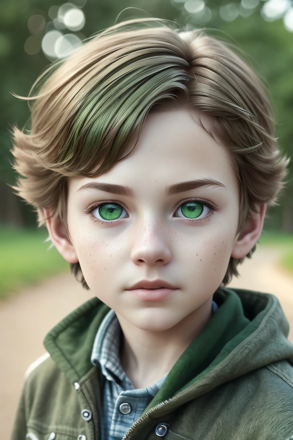 A close up of a young boy with green eyes and a jacket - SeaArt AI