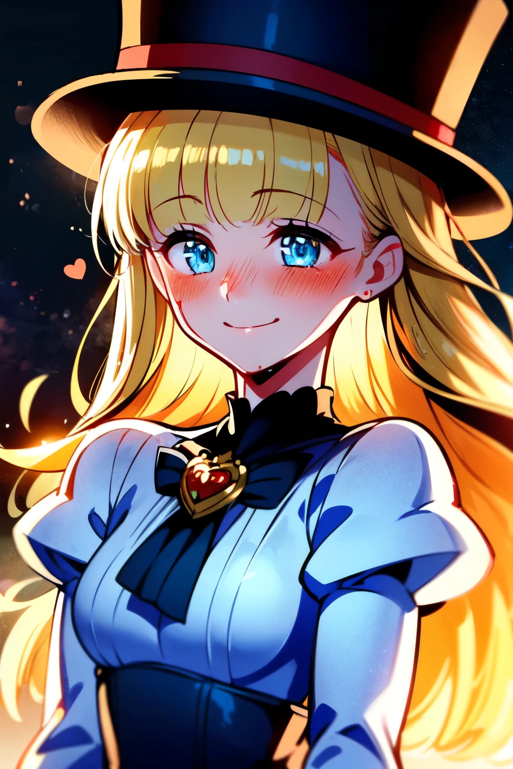 (1girl, solo), blonde hair, side ponytail, (blue eyes:1.5), long hair, (small breast:1.2), (hair ribbon, juliet sleeves, long sleeves, puffy sleeves, white dress:1.5, frills, top hat, black top hat, hat, hat flower,) looking at viewer, shaded face, smile, blush, blood, blood on arm, blood on face, blood on clothes, blood on hands, holding knife, knife, indoorasterpiece:1.2), best quality, high resolution, unity 8k wallpaper, (illustration:1.5), anime style, (beautiful detailed eyes:1.6), extremely detailed face, perfect lighting, extremely detailed CG, (perfect hands, perfect anatomy), (dynamic pose, dynamic angle:1.1), nadja, heart brooch, jewelry,