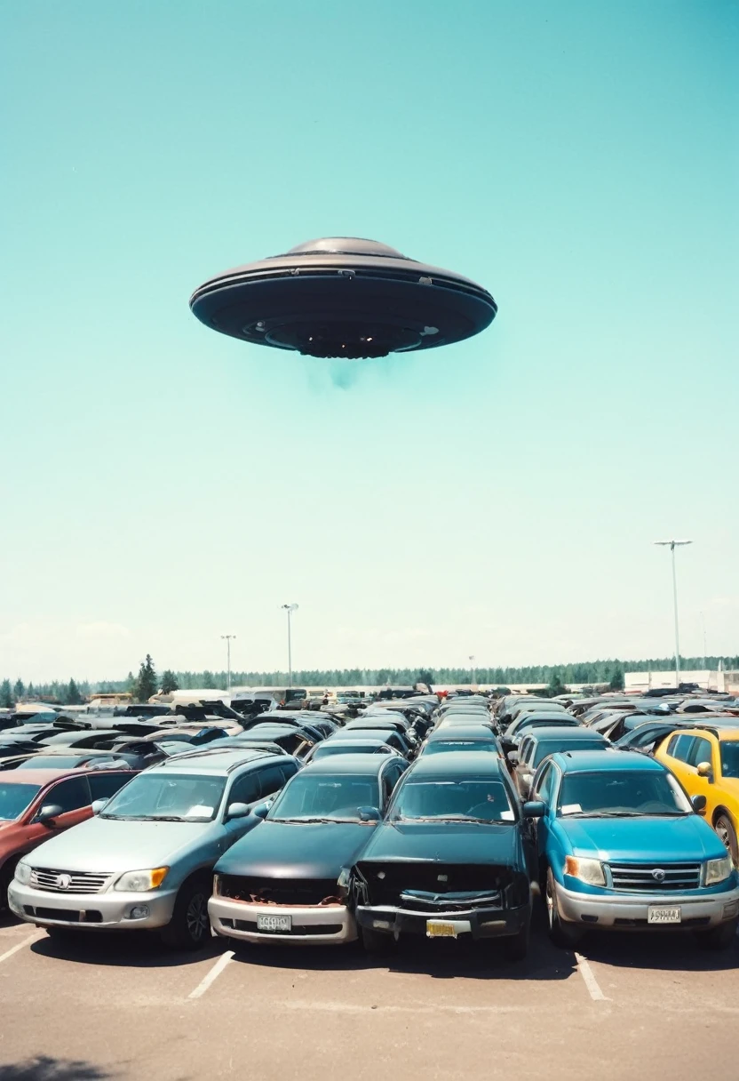 Black UFO crashed in parking lot,Neatly arranged with many cars,Blurry Polaroid photo