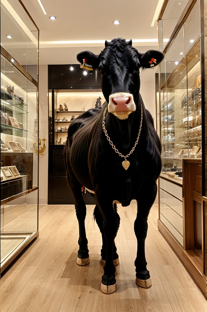 Real cow is standing in a jewelry shop