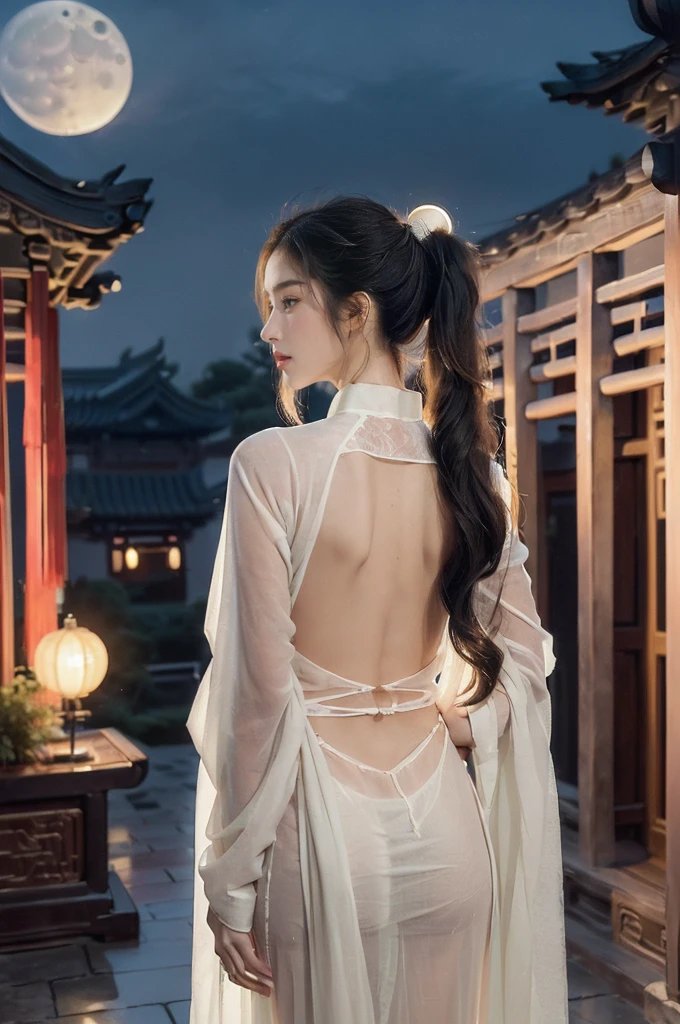 (((best quality))),(((ultra detailed))),(((masterpiece))),illustration,((1 beautiful girl,solo)),(short ponytail:1.2),((bright eyes,gentle smile)),((slim,thin)),((bare back,towering hips,butt crack)),(white see through sheer Hanfu:1.3),flowing fabric,serene demeanor,vibrant plants and trees,(Chinese-style architecture:1.3),tile roofs,intricate wooden carvings,rich and vivid colors,(serene glow of the moon:1.5),(((colorful clouds))),traditional Chinese garment,(((summer night,village courtyard))),((standing)),(from back:1.3),(upper body:1.3)