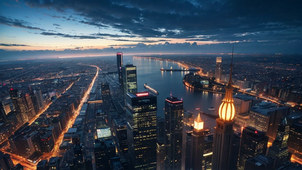 View from the airship cabin, Night view of skyscrapers, (Ultra-high resolution,8K),Fantasy, The world of picture books, (Highest quality), Super detailed, Outstanding Image, (Photorealistic)