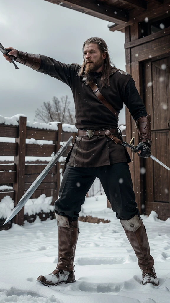 original Viking engaged in a fierce battle on a snowy battlefield, sword and shields raised. hyper realistic picture