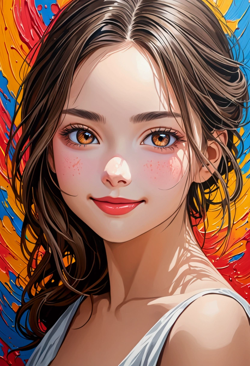 a scratch oil painting of beautiful girl with perfect face, (scratch:0.6) smile, vivid color, scratching painting style, perfect mix color, super detailed, best quality wallpaper, 8k, absurdity, expressive realism, perfect lightness