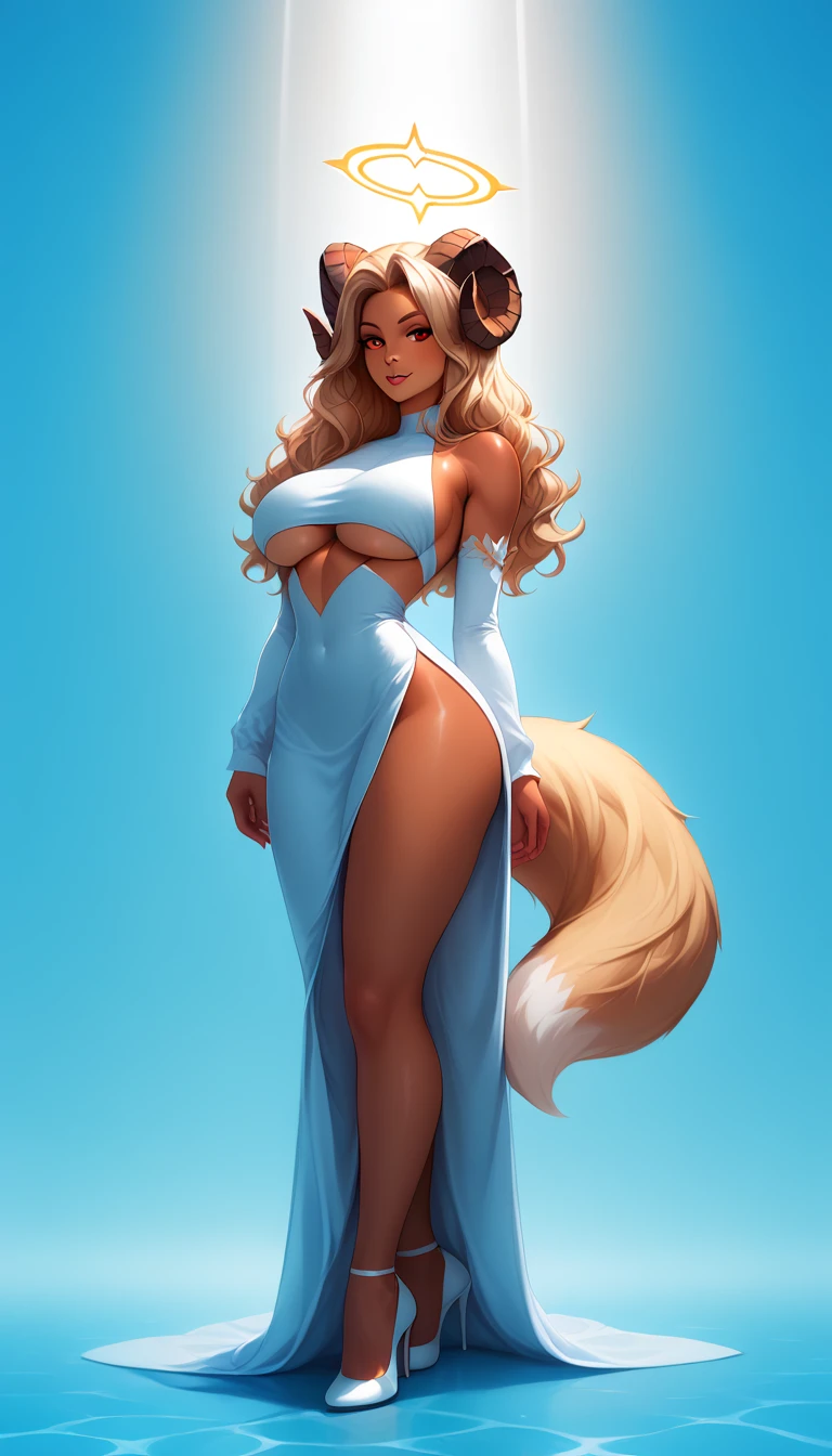 score_9, score_8_up, score_7_up, 1girl, solo, fullbody, (fox:1.2), 
(long wavy hair), glowing red eyes, (ram horns:1.2), angel halo, (fox ears, fox tail), tanned skin, sideboob, underboob, warm dress. 