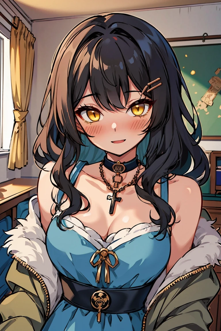 (masterpiece:1.2), (high quality:1.2), (hui xiyi:0.7), rekkyo sensen, rekkyou sensen, girls with((1girl, solo, black hair, yellow eyes, (wavy medium hair, hairclips:1.3), blush, breasts, choker, cleavage, coat, cowboy shot, blue rose dress, navy dress, ribbon waist belt, collar, collarbone, rosary, rosary choker, cross, fur, khaki hoodie, green hoodie, hood down, hooded coat, hooded jacket, hoodie, jacket, large breasts, long hair, long sleeves, medium breasts, open clothes, open coat,open hoodie, sleeveless, winter clothes, zipper, cleavage, upper body, hand up, waving, palm)), background with((bedroom, room:2.0))